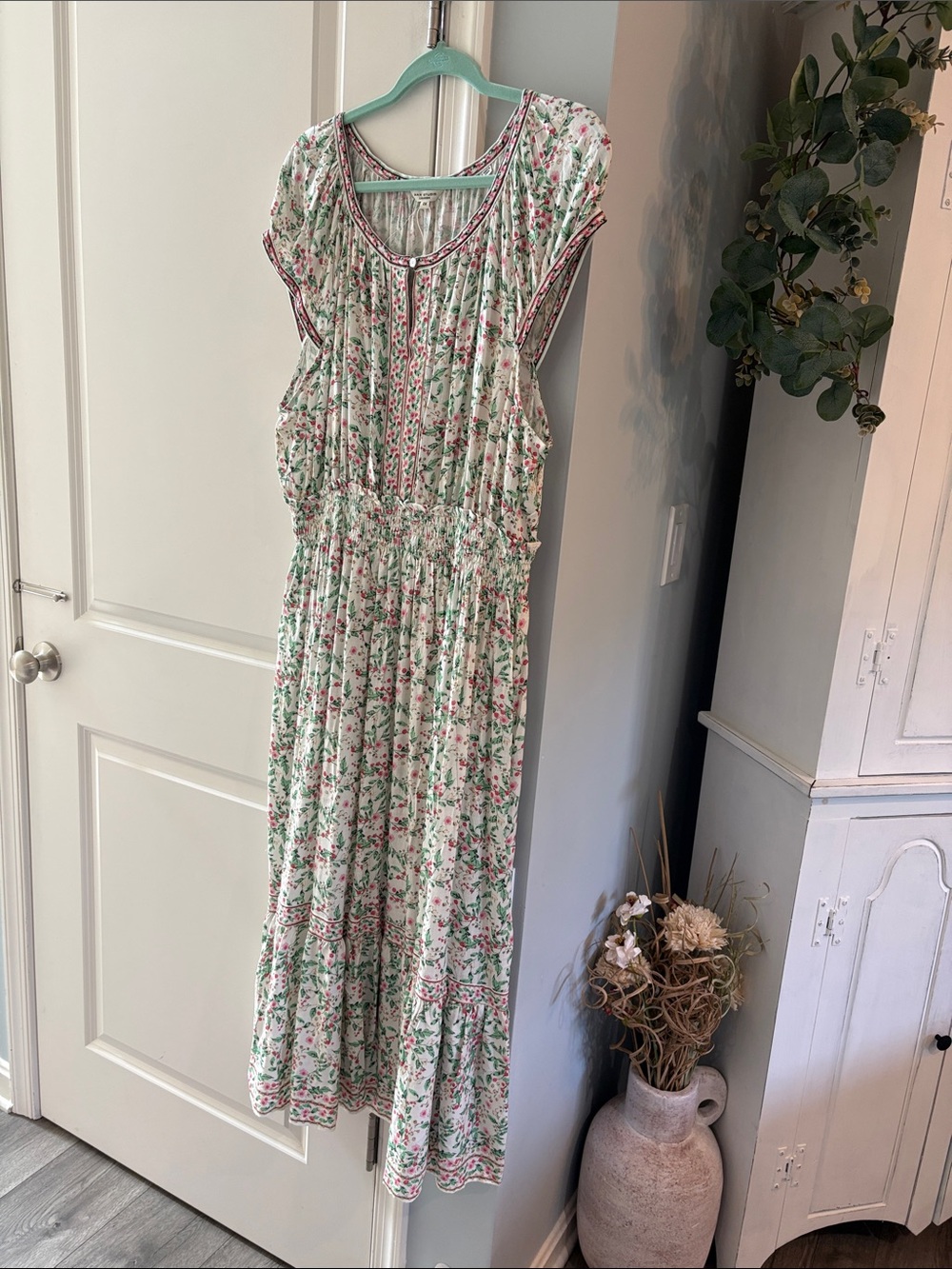 Max Studio White Floral Maxi Dress with Pink and Green Print